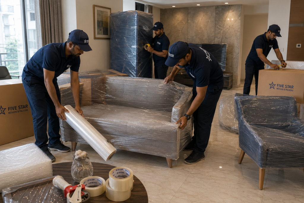 Movers carefully transporting a living room sofa during a home move