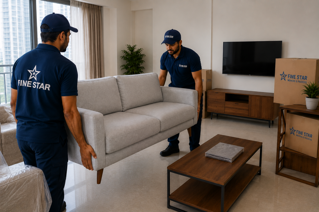 Furniture movers unloading household furniture at the new property