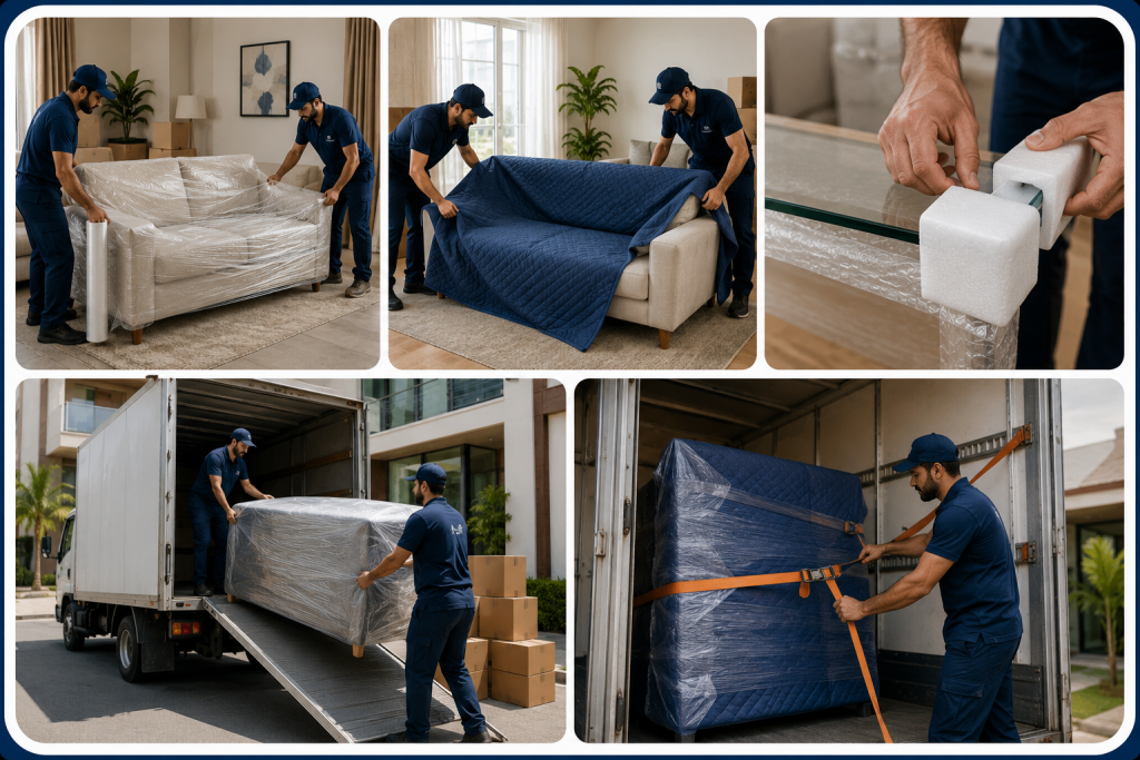 movers wrapping the furniture with blankets and usign materials