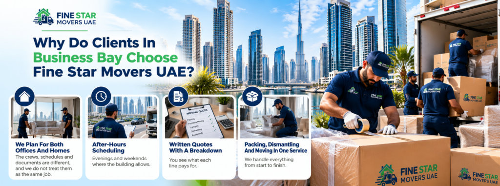 Fine Star Movers UAE crew packing and dismantling furniture for Business Bay moves
