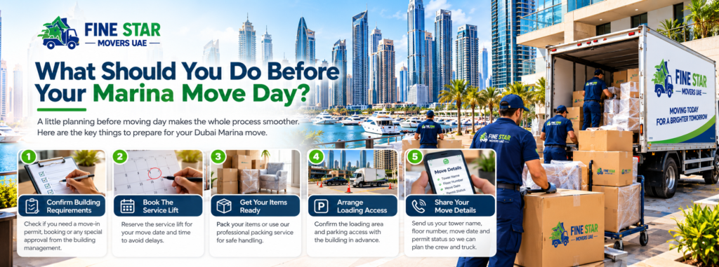 Fine Star Movers crew preparing boxes and furniture for a Dubai Marina move