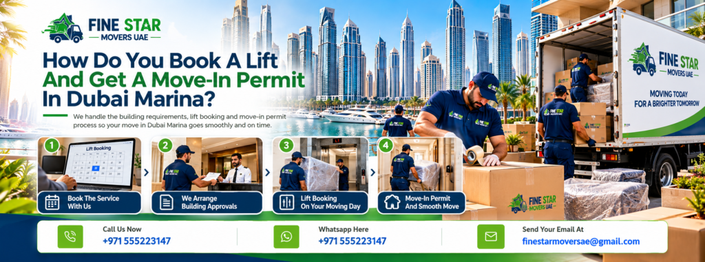 Fine Star Movers crew handling lift booking and move-in permit in Dubai Marina