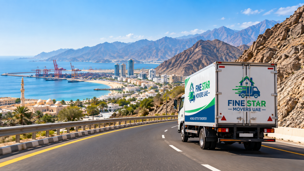 Fine Star Movers truck traveling on a mountain road in Fujairah for long-distance relocation