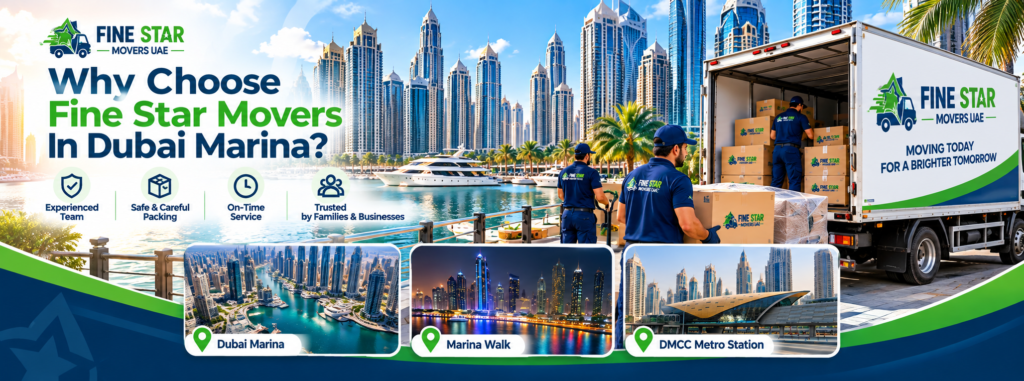 Fine Star Movers truck and moving crew with Dubai Marina skyline