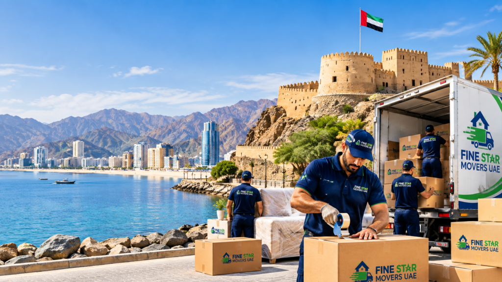Movers and packers in Fujairah with Fine Star moving truck near the coast and mountains