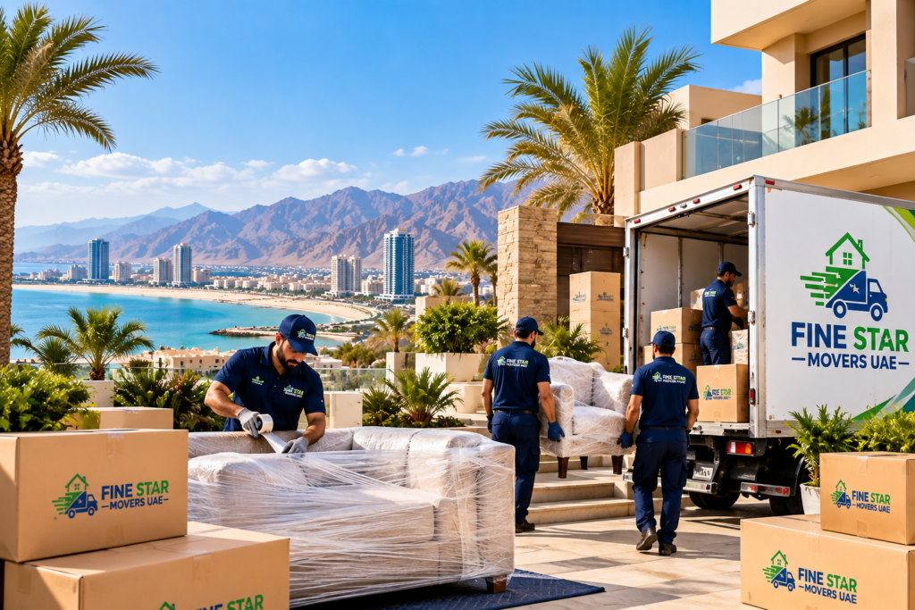 Local movers in Ras Al Khaimah loading wrapped furniture into a moving truck near a beachfront villa