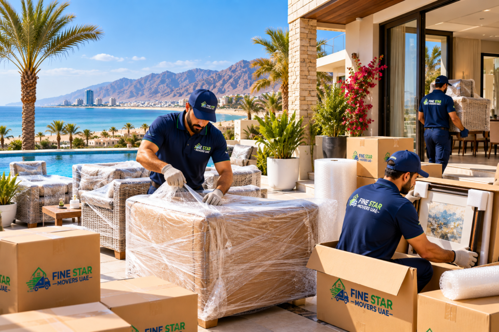 Movers protecting furniture and artwork during a coastal home relocation in Ras Al Khaimah