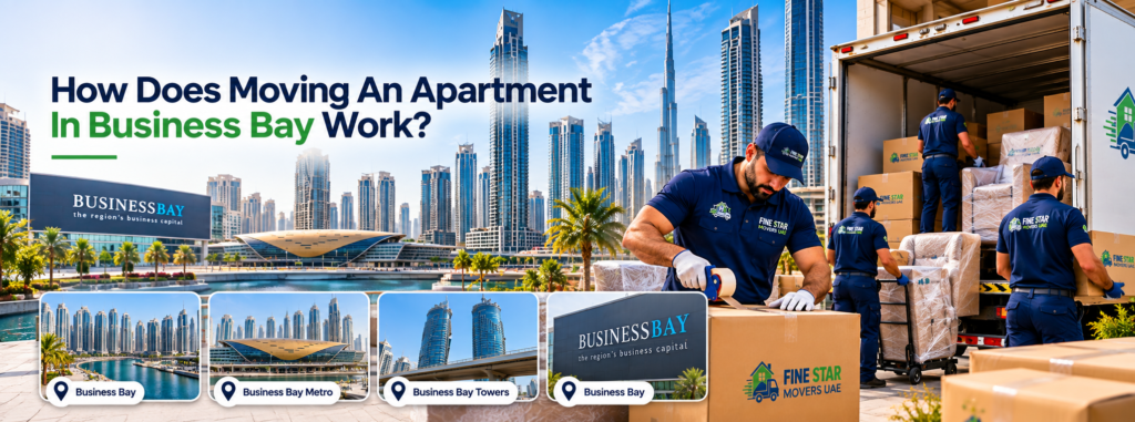 Business Bay apartment movers from Fine Star Movers UAE handling protected furniture
