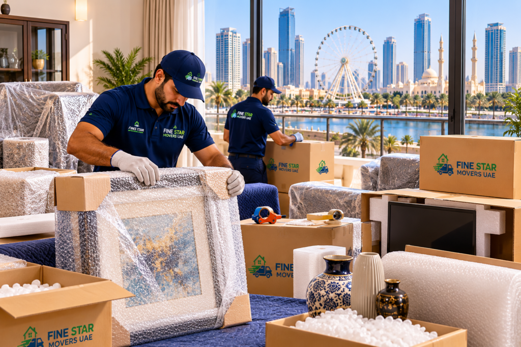 Fine Star Movers UAE moving truck and crew in Sharjah waterfront area