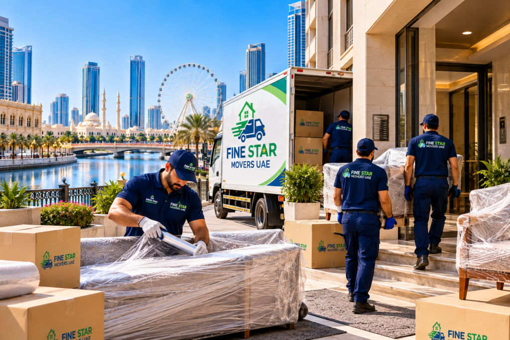 Fine Star Movers UAE team packing fragile furniture and artwork in Sharjah