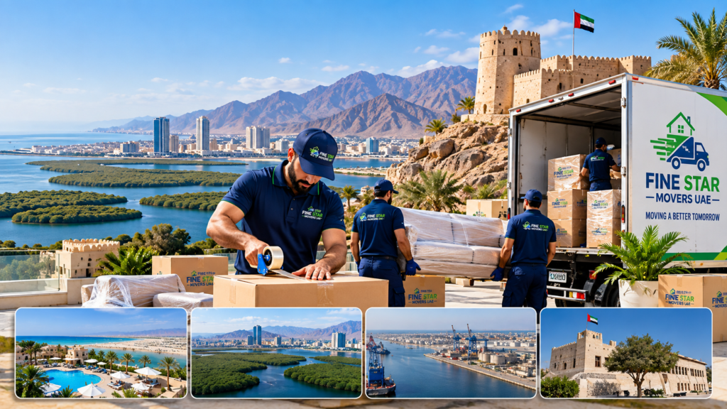 Movers and packers in Ras Al Khaimah with moving truck, professional crew and mountain coastal backdrop