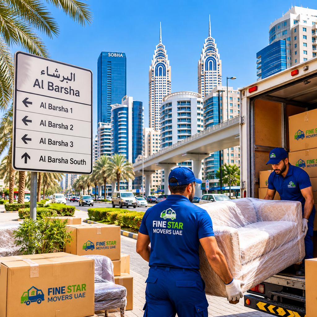 Movers and Packers in Al Barsha loading wrapped furniture beside a branded truck