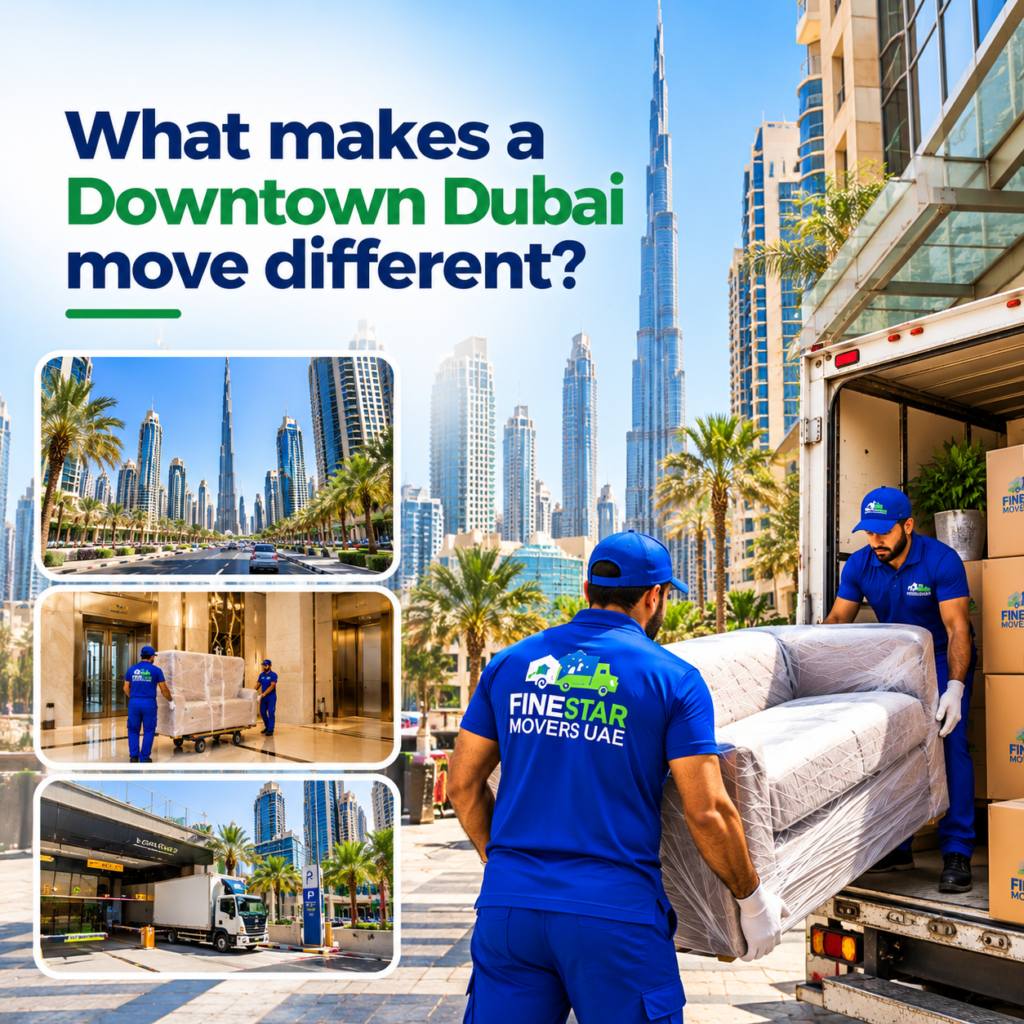 Movers and Packers in Downtown Dubai loading wrapped furniture beside a moving truck
