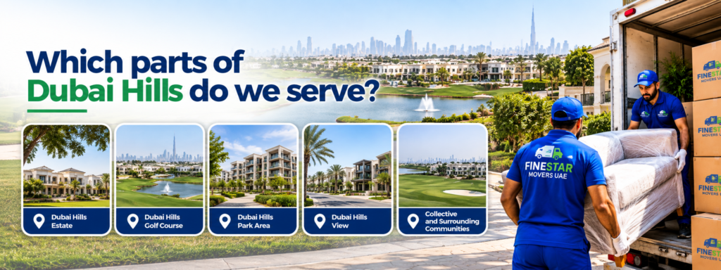 Movers and Packers in Dubai Hills Estate loading wrapped furniture beside a moving truck