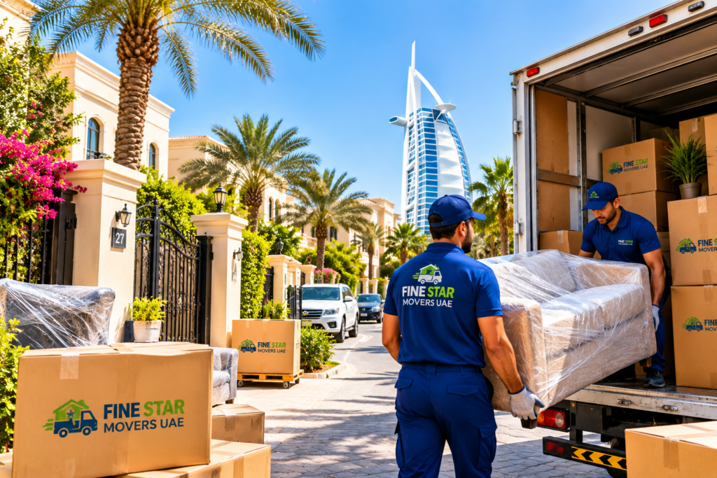 Movers and packers in Jumeirah handling wrapped furniture beside a moving truck