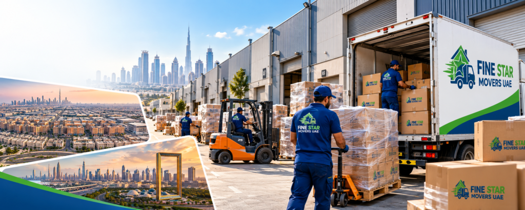 Warehouse relocation team moving pallets and boxes in Al Quoz Dubai