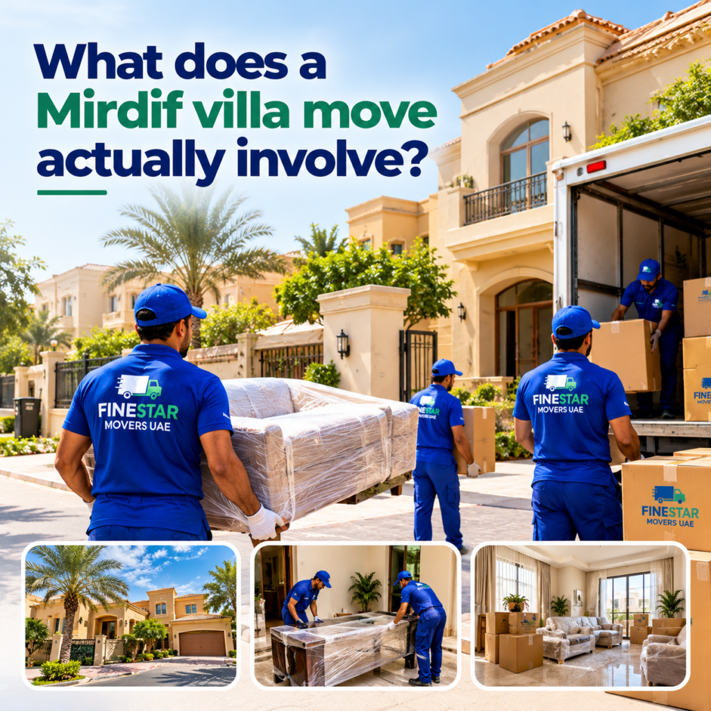 Movers and Packers in Mirdif handling a villa relocation with wrapped furniture