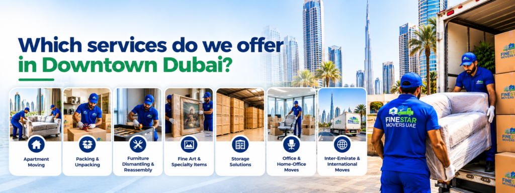 Fine Star Movers UAE team packing furniture and preparing boxes for relocation
