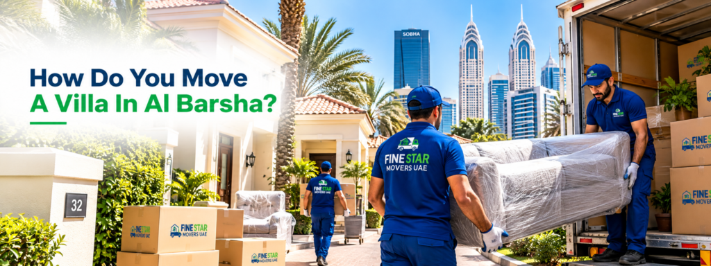 Movers carrying protected furniture from a villa into a moving truck
